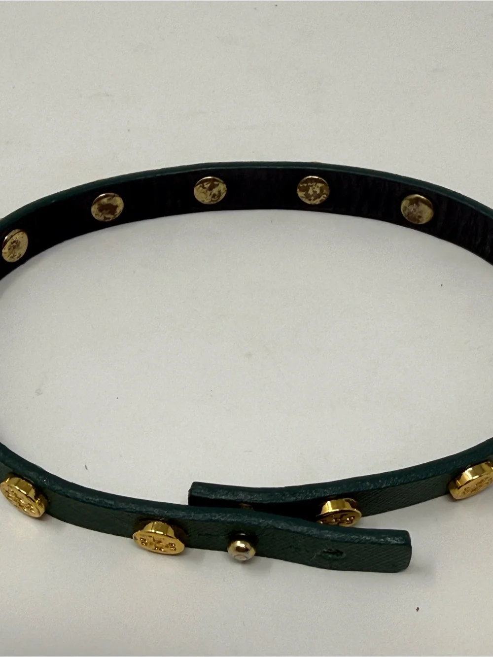 Tory Burch Forest Green Double Wrap Logo Stud Bracelet with Gold Accents